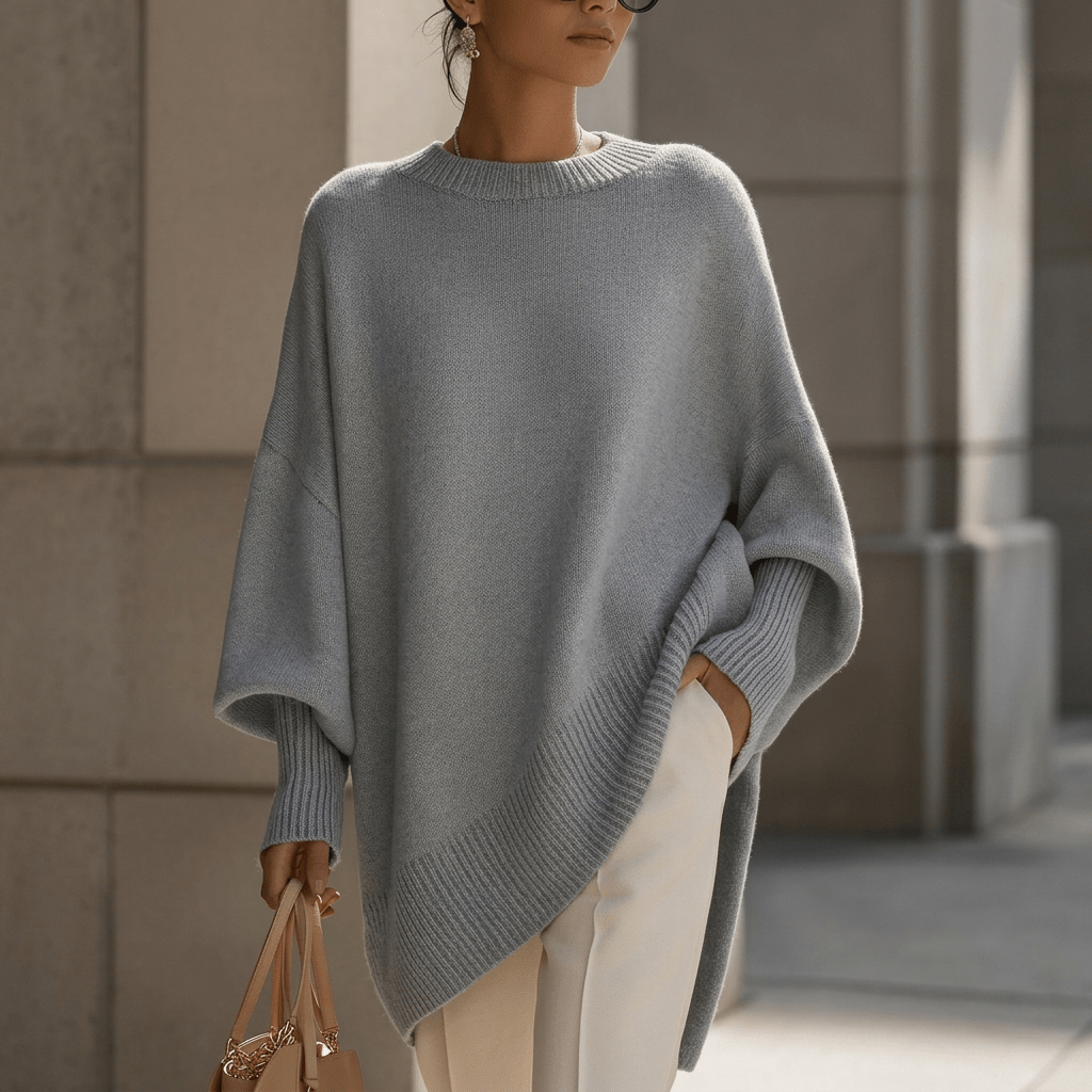 Woman wearing a light gray oversized knit pullover sweater with round neckline