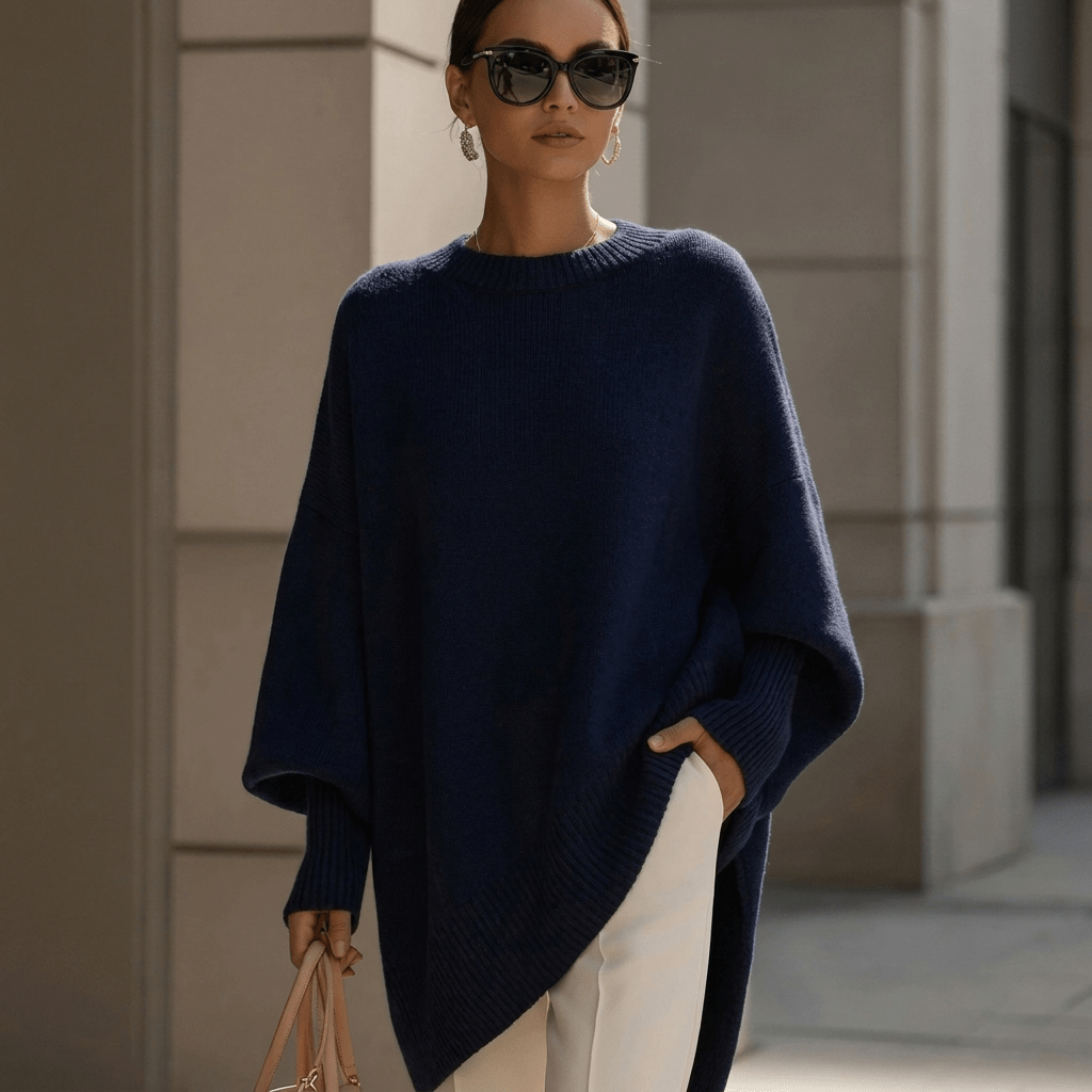 Cozy round neck sweater showcasing soft textured knit material