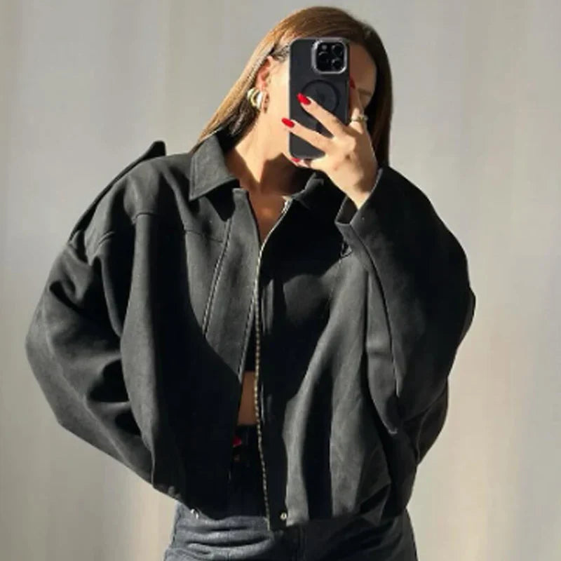 Brielleva | Women’s Cropped Zip Up Bomber Jacket