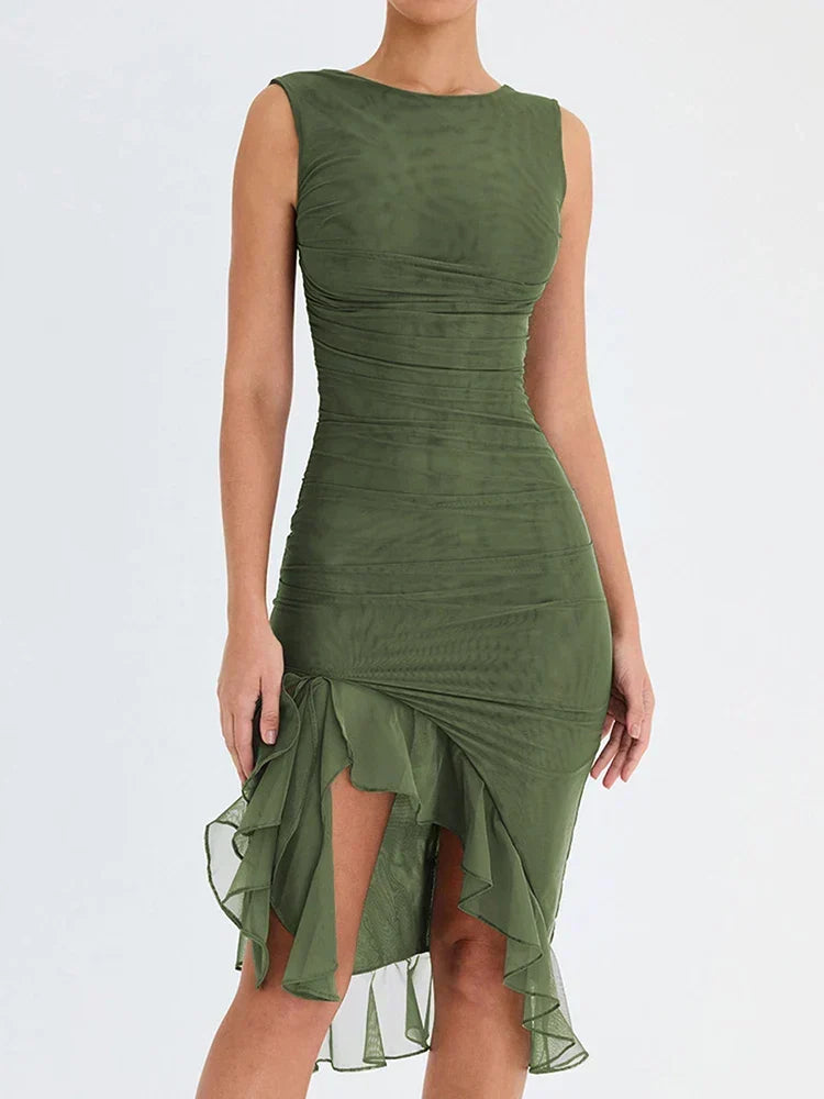 Model wearing olive green ruched summer dress with asymmetric ruffle hem