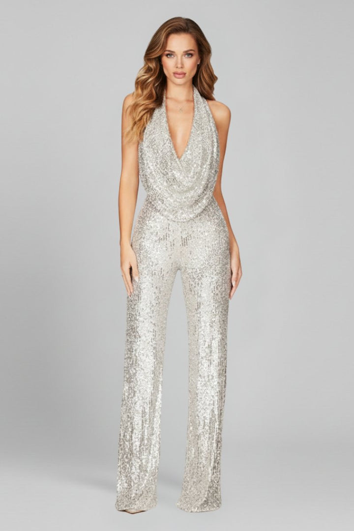 Women's fitted halter neck jumpsuit with wide legs, front view