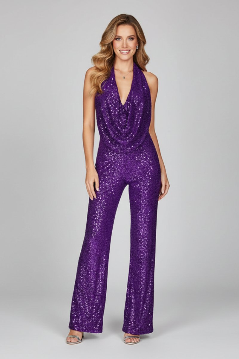 Womens fashion evening wear jumpsuit with open back halter style