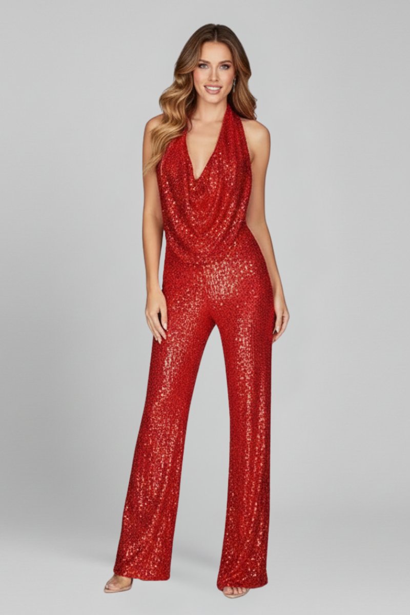 Close-up of halter neck design on women's fitted dressy jumpsuit