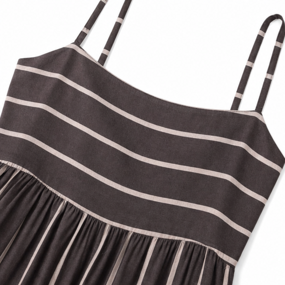 Stylized view of square neck maxi dress in striped fabric