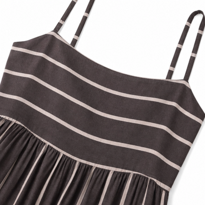 Stylized view of square neck maxi dress in striped fabric