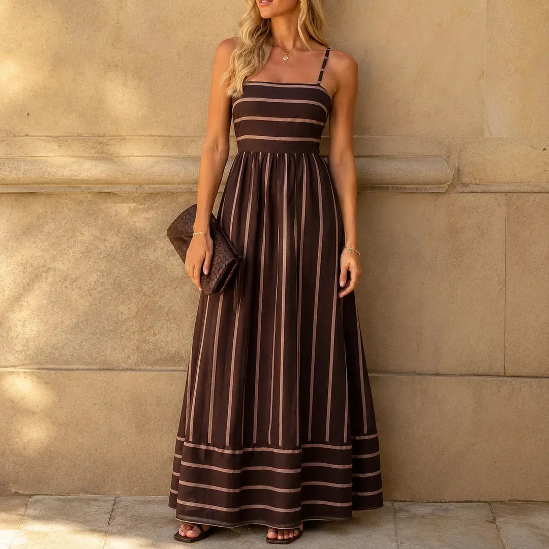 Back view of casual long striped dress with square neckline