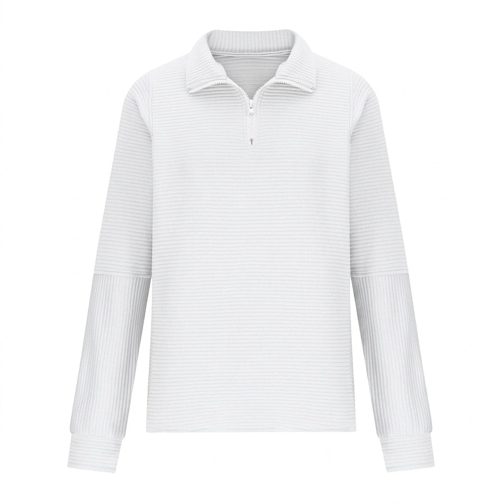Close-up of the metal zipper and high funnel neck on a relaxed fit sweater