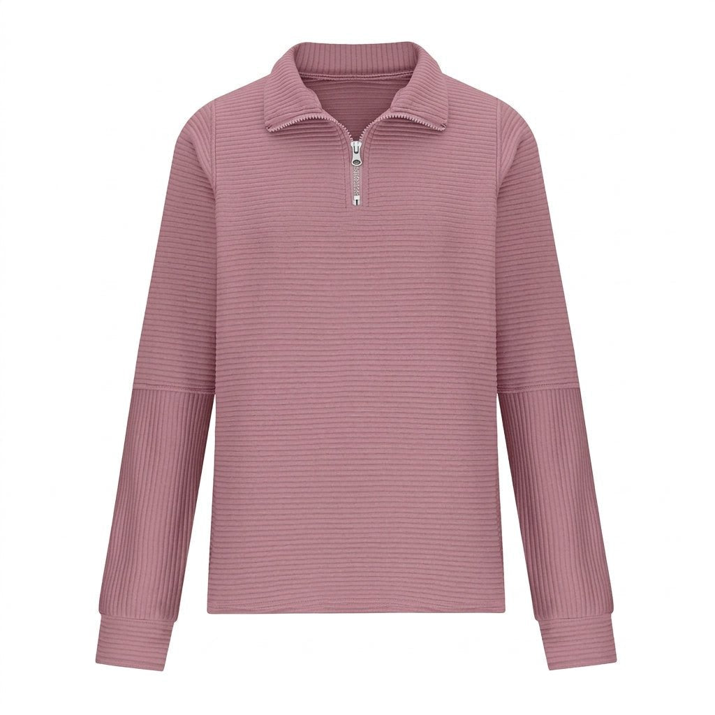 Side view of womens knit pullover highlighting stylish balloon sleeves