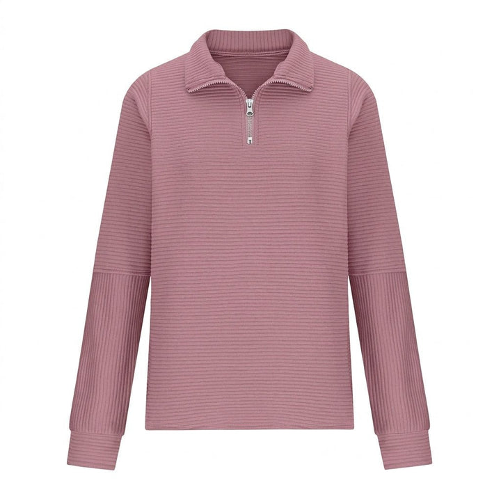 Side view of womens knit pullover highlighting stylish balloon sleeves