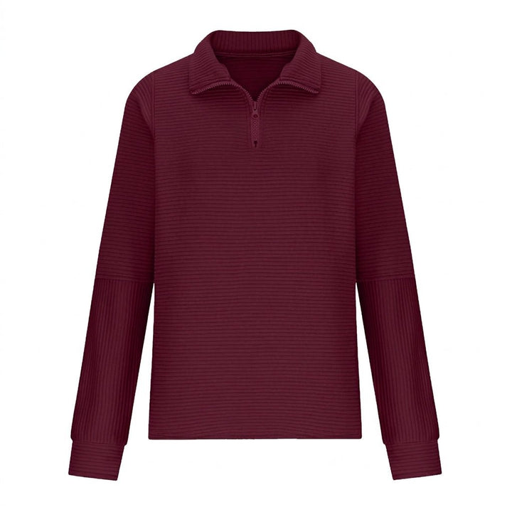 Back view of cozy half-zip sweater demonstrating comfortable everyday fit