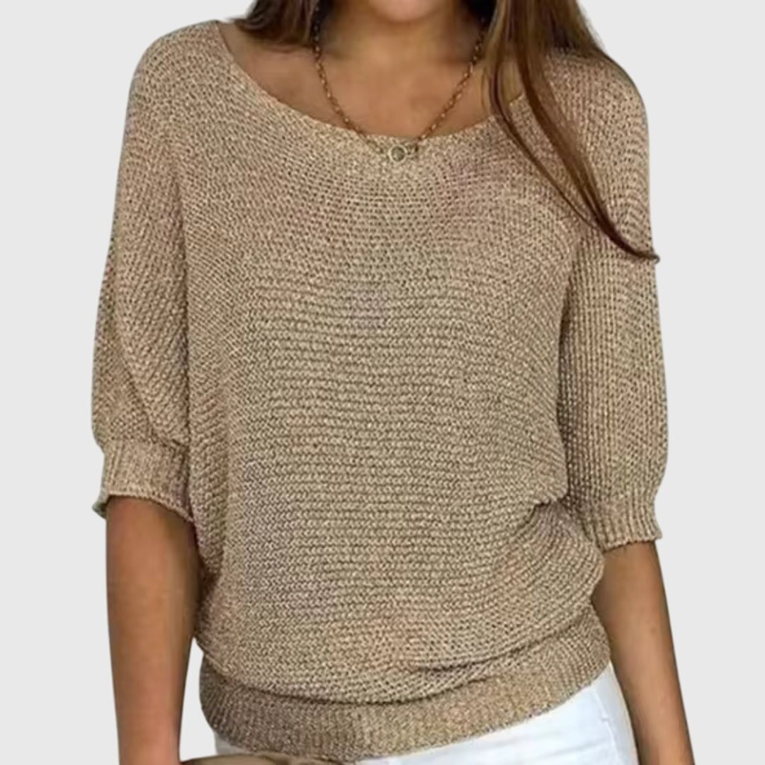 Women's beige relaxed fit knit sweater with scoop neckline