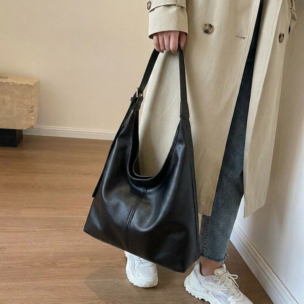 Model wearing a black slouchy shoulder tote bag and trench coat