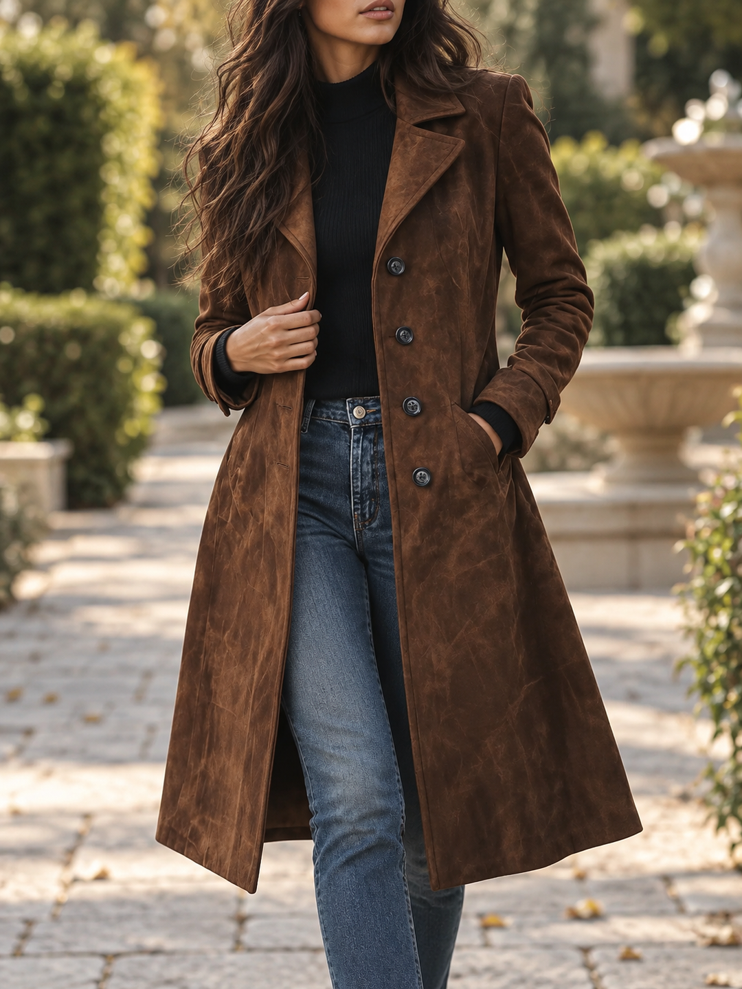 Woman wearing a brown trench coat with lapel collar outdoors near a fountain