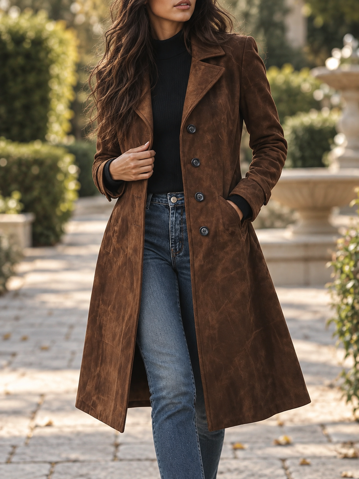 Woman wearing a brown trench coat with lapel collar outdoors near a fountain