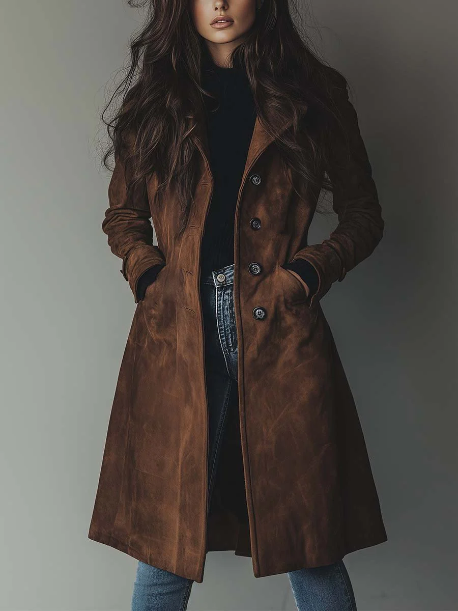 Close-up view of a woman wearing a brown double-breasted trench coat