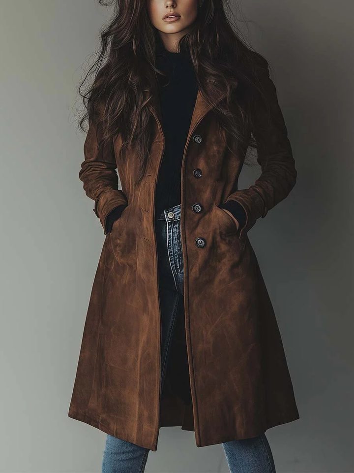 Close-up view of a woman wearing a brown double-breasted trench coat