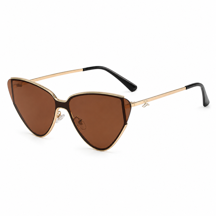Gold triangular cat-eye sunglasses angled view against a clean white background