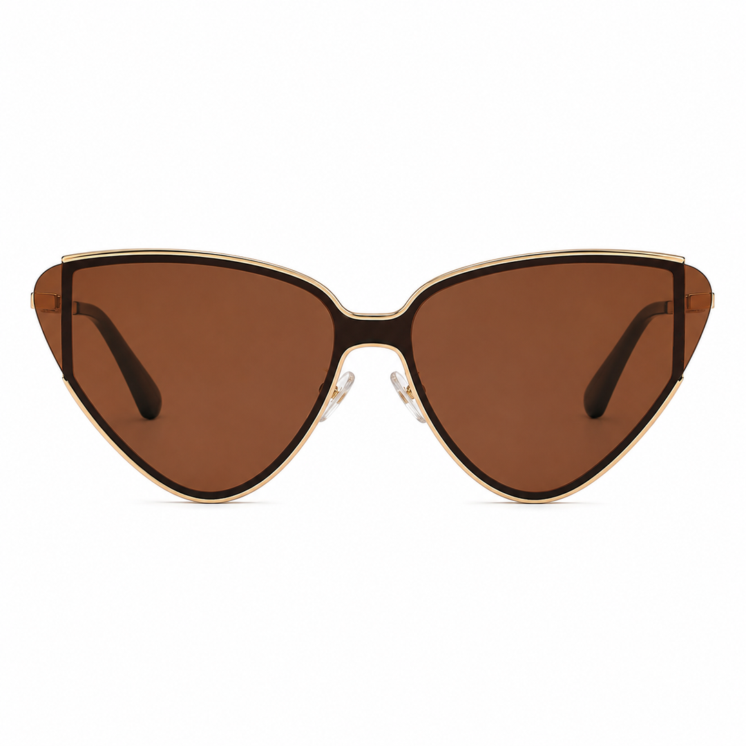 Front view of women's gold triangular cat-eye sunglasses with warm tinted lenses