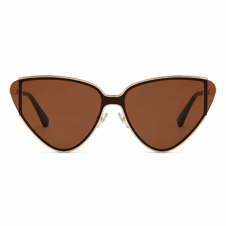 Front view of women's gold triangular cat-eye sunglasses with warm tinted lenses