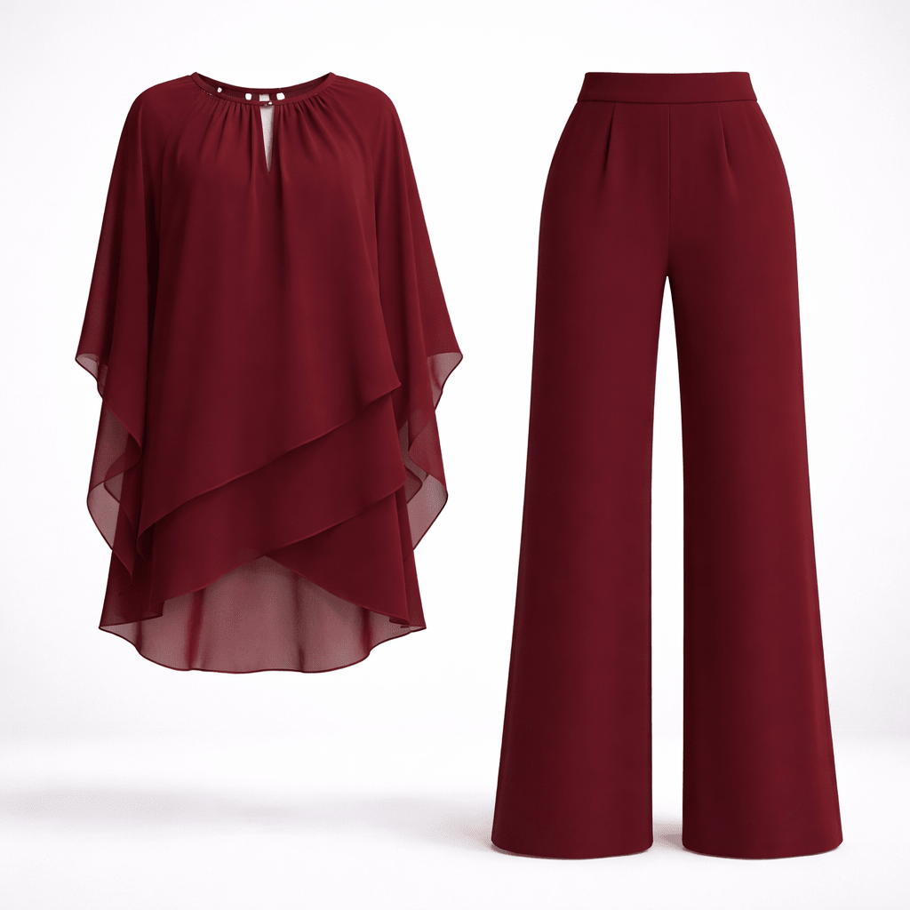 Burgundy women's two-piece set with flowy overlay top and matching trousers on white background