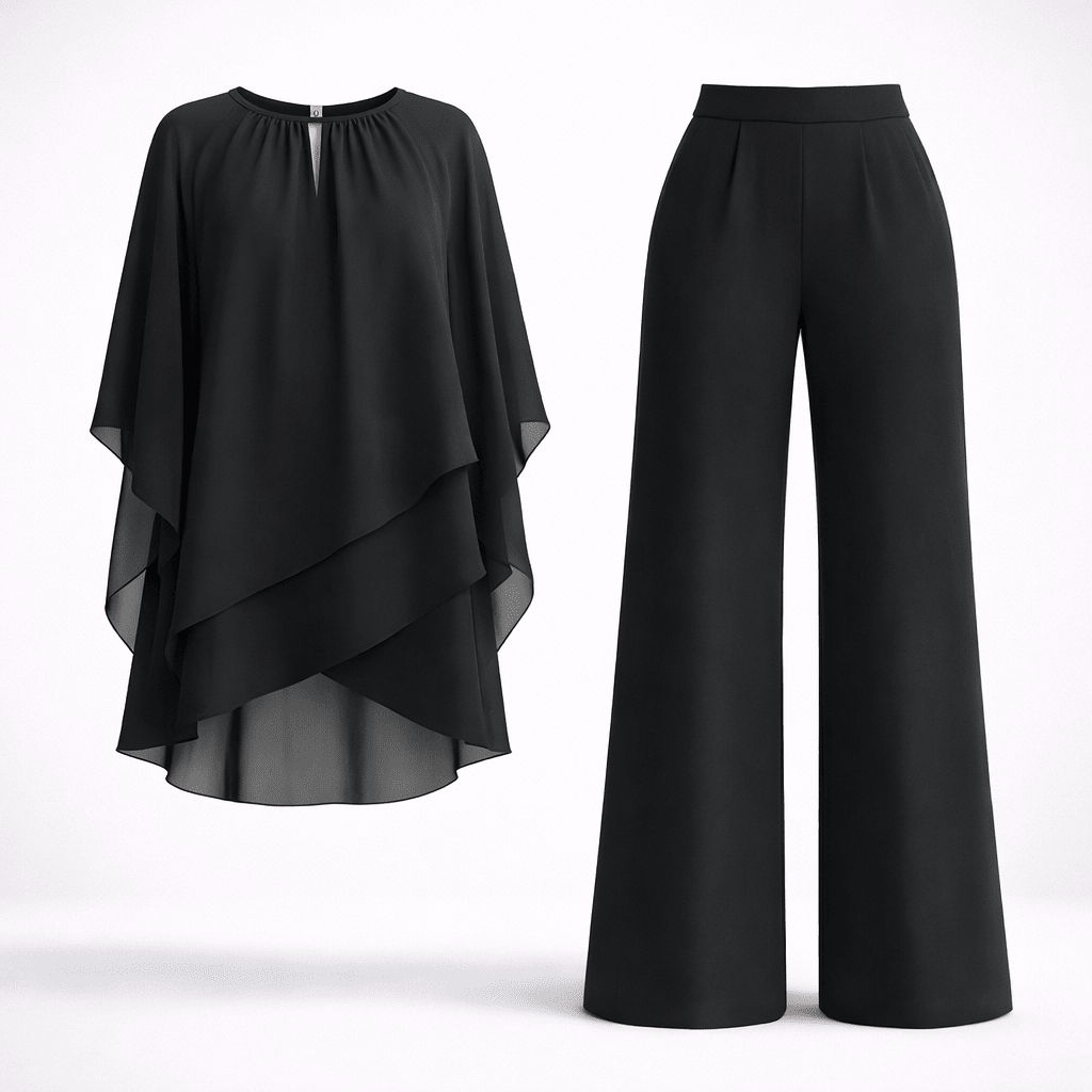 Black women's two-piece set with layered top and wide-leg trousers displayed on a white background