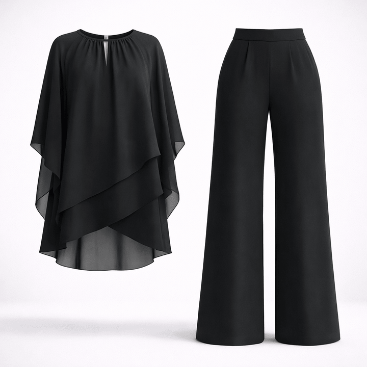 Black women's two-piece set with layered top and wide-leg trousers displayed on a white background