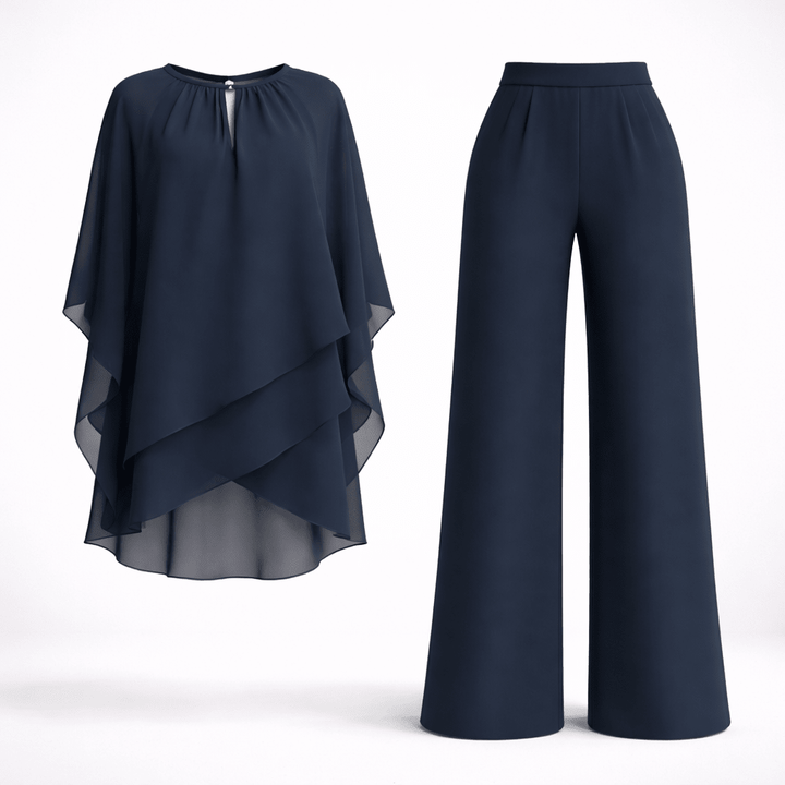 Formal wear occasion outfit featuring chic layered top and matching wide-leg trousers