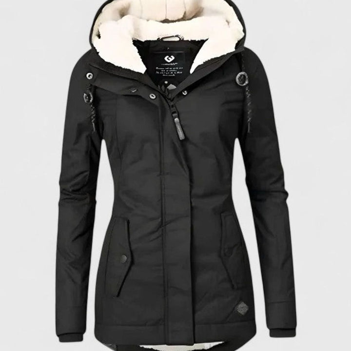 Black women's waterproof winter coat with fluffy fleece lining