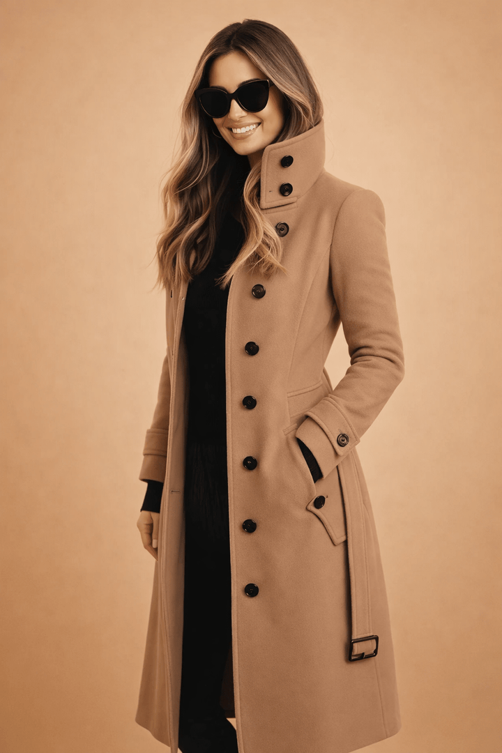 Woman wearing a classic khaki winter coat with elegant button details