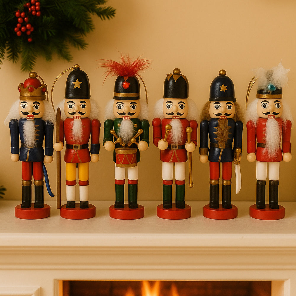 Set of six colorful wooden nutcracker figurines displayed on a holiday mantelpiece