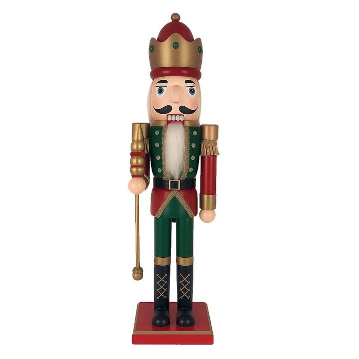 Wooden nutcracker king figure with golden crown and green coat