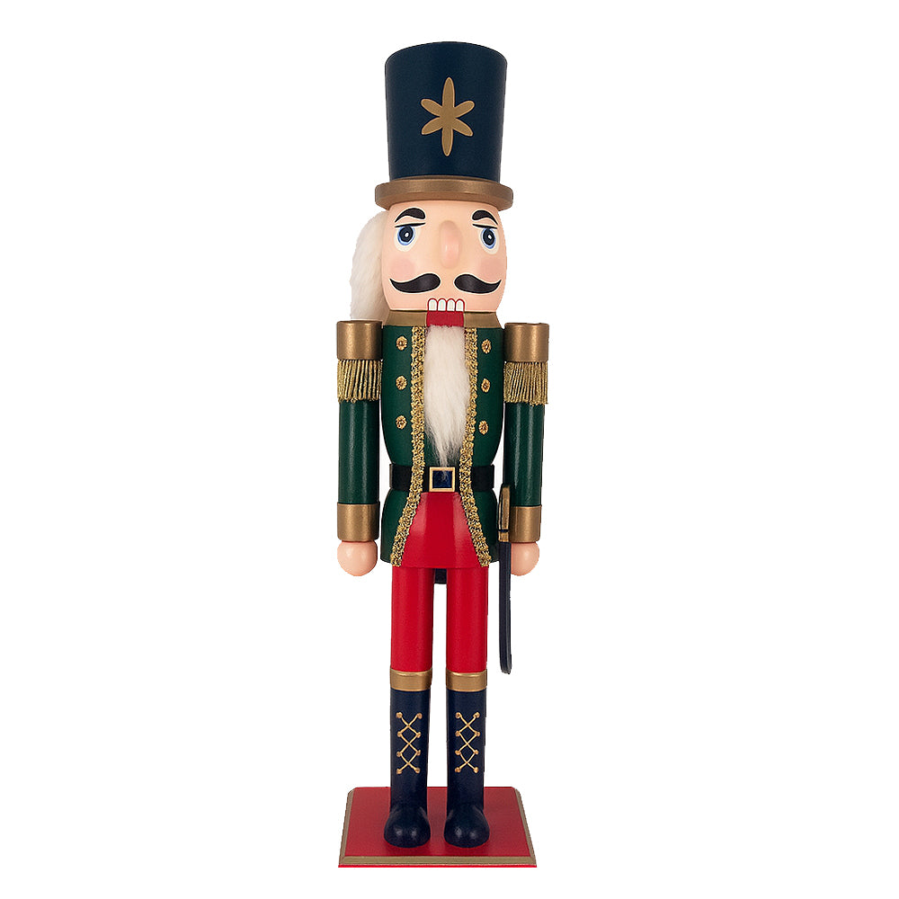 Wooden nutcracker soldier figure in green and red with tall hat