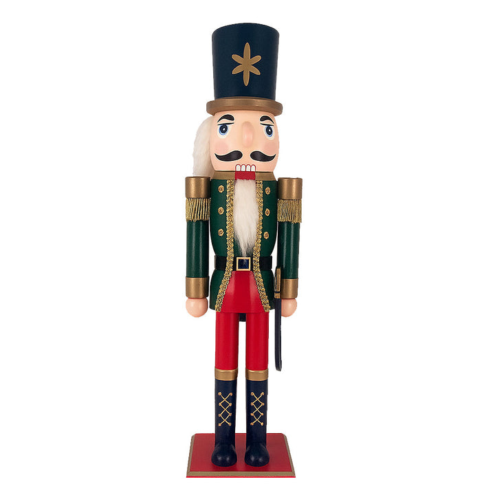 Wooden nutcracker soldier figure in green and red with tall hat