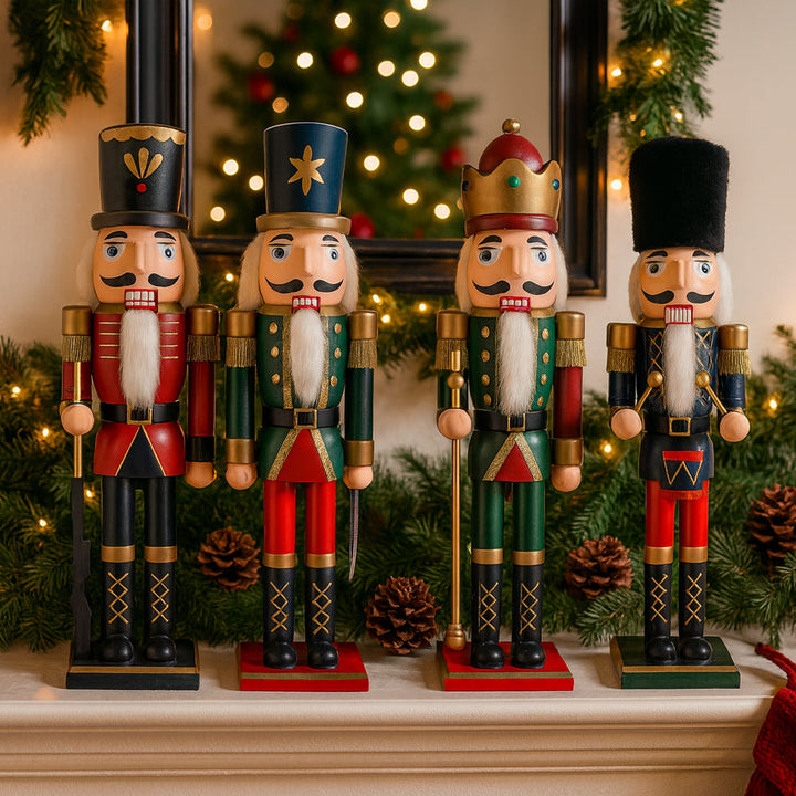 Close-up of traditional wooden nutcracker statues featuring colorful holiday details