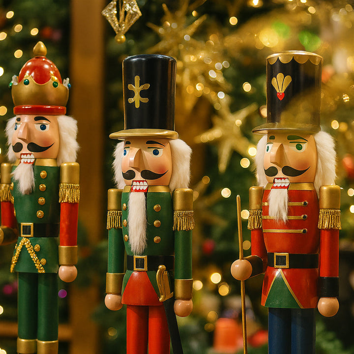 Decorative Christmas nutcracker ornaments arranged together for festive display