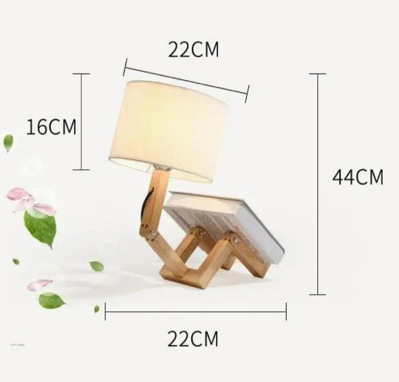 Diagram showing the dimensions of the wooden table lamp with book holder