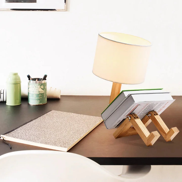 Close-up of the articulated wooden joints and movable arms on the robot lamp
