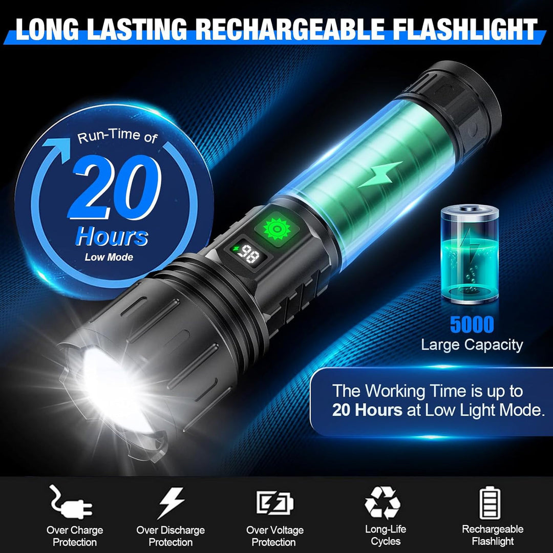 Rechargeable LED flashlight showing battery status and 20 hours run-time on low mode