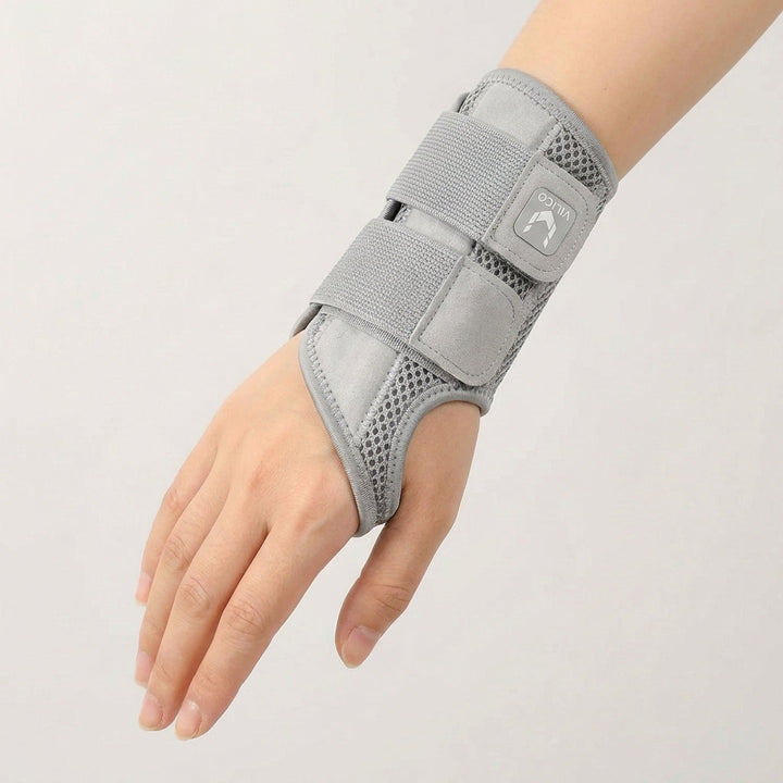 Unisex half finger wrist support brace showing palm grip and thumb opening for carpal tunnel relief