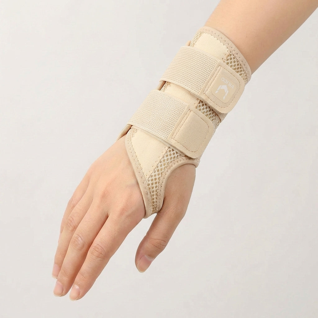 Close-up of breathable fabric on thumb support and wrist brace for daily pain relief