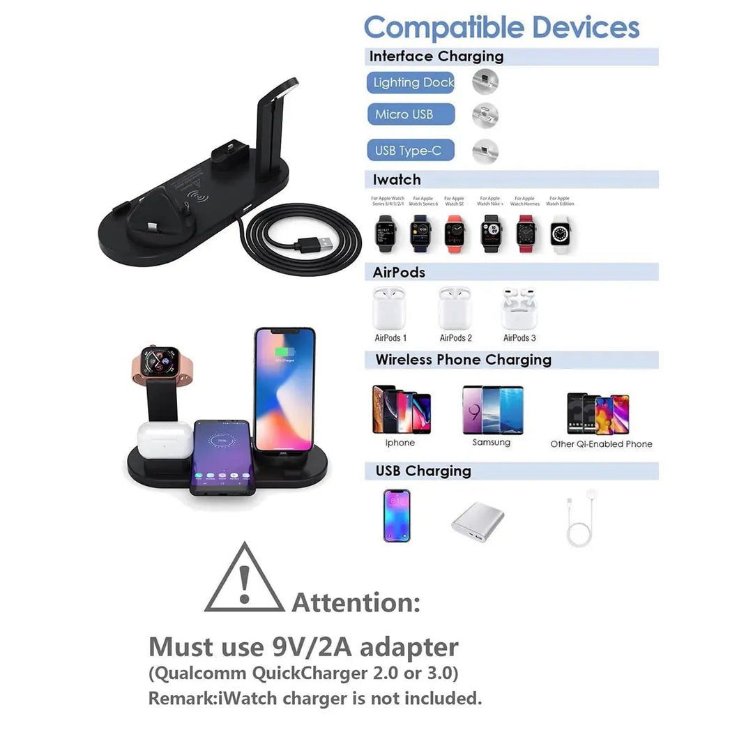 Modern multi-device wireless charger angle view on wooden desk