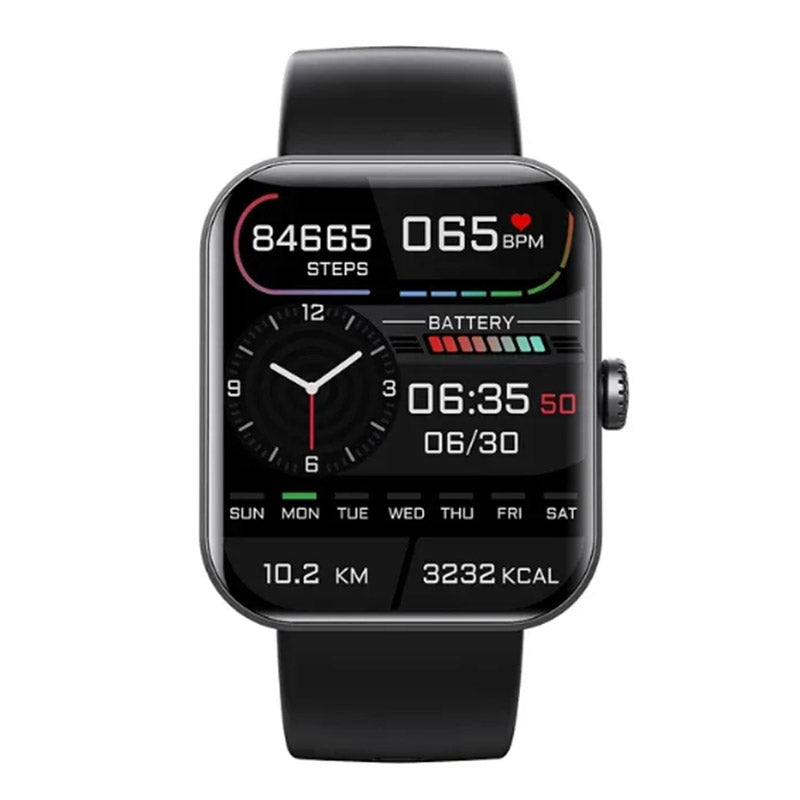 Black smartwatch front view showing fitness tracking dashboard