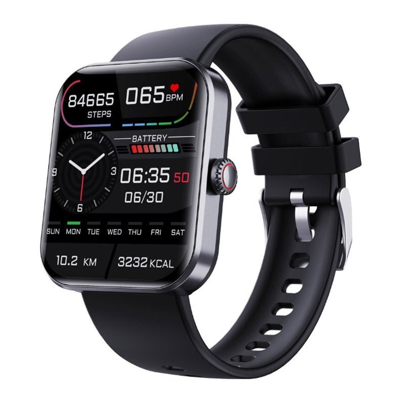 Black smartwatch displaying step count and heart rate on a color screen