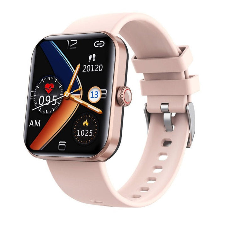 Pink smartwatch featuring a rose gold case and analog watch face