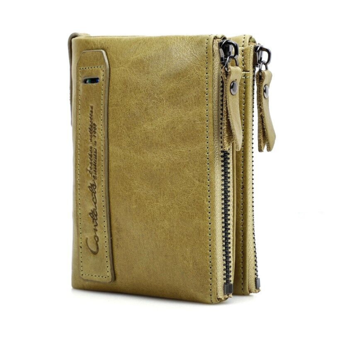 Olive green double zip wallet viewed from the side showing dual zippered compartments