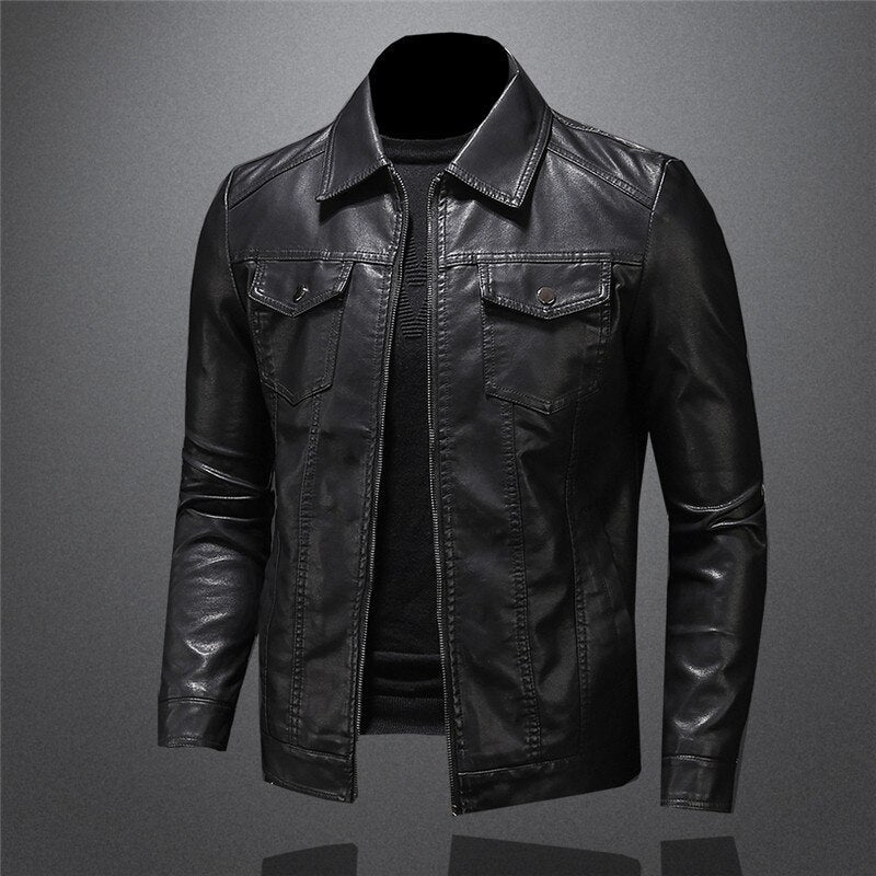 Slim fit black men's jacket with lapel and zipper, ideal for urban casual outerwear fashion.