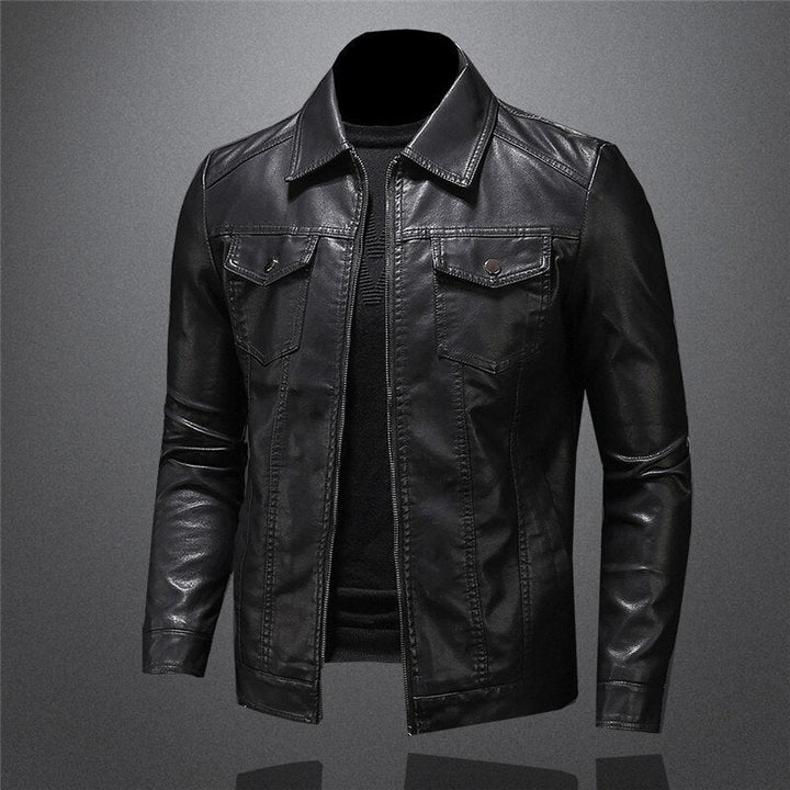 Slim fit black men's jacket with lapel and zipper, ideal for urban casual outerwear fashion.