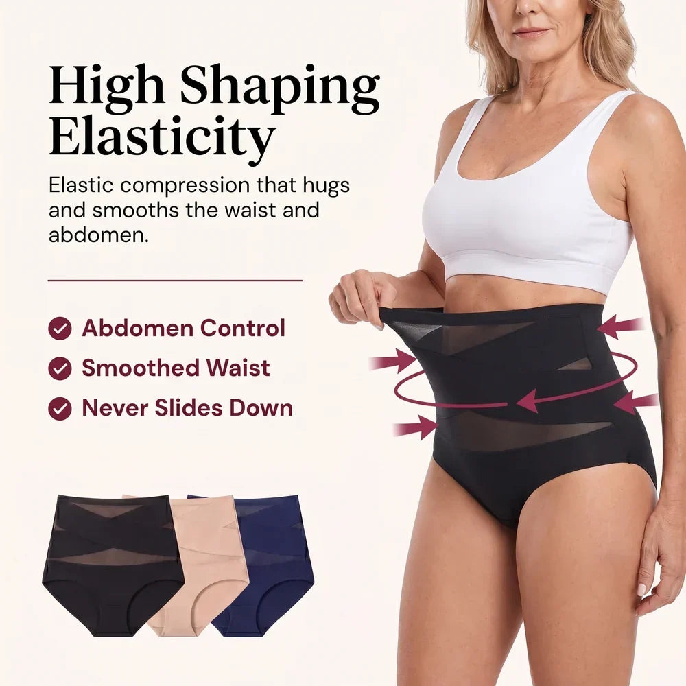 Folded stack of womens high-waist shapewear briefs in multiple colors