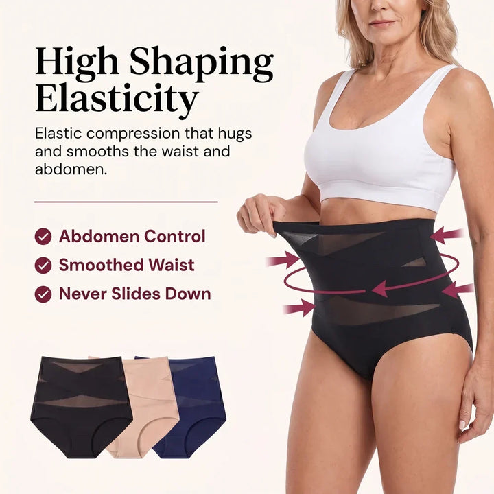 Folded stack of womens high-waist shapewear briefs in multiple colors