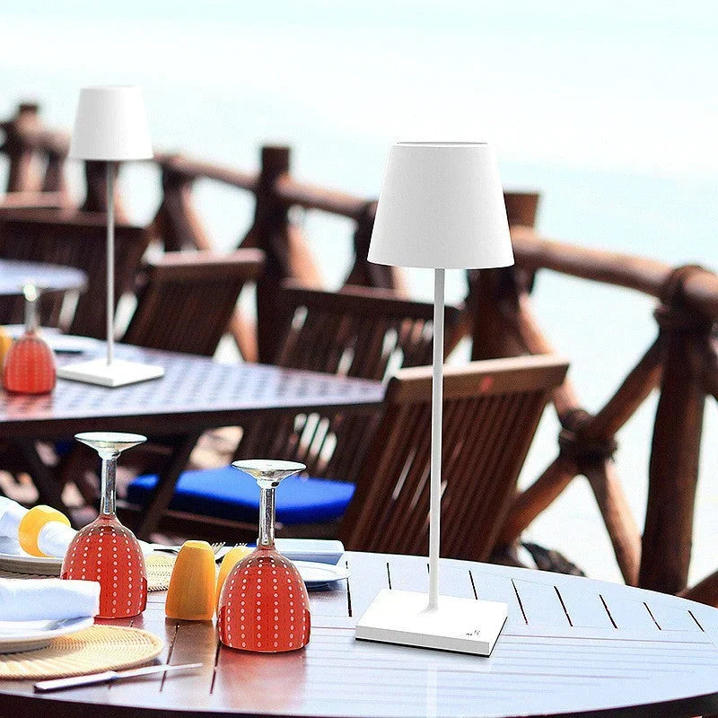 Battery-powered rechargeable light standing on a restaurant table